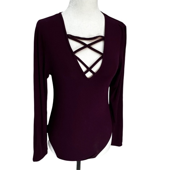 california Moonrise Burgundy Bodysuit Criss-cross Neckline Size S - Picture 2 of 8